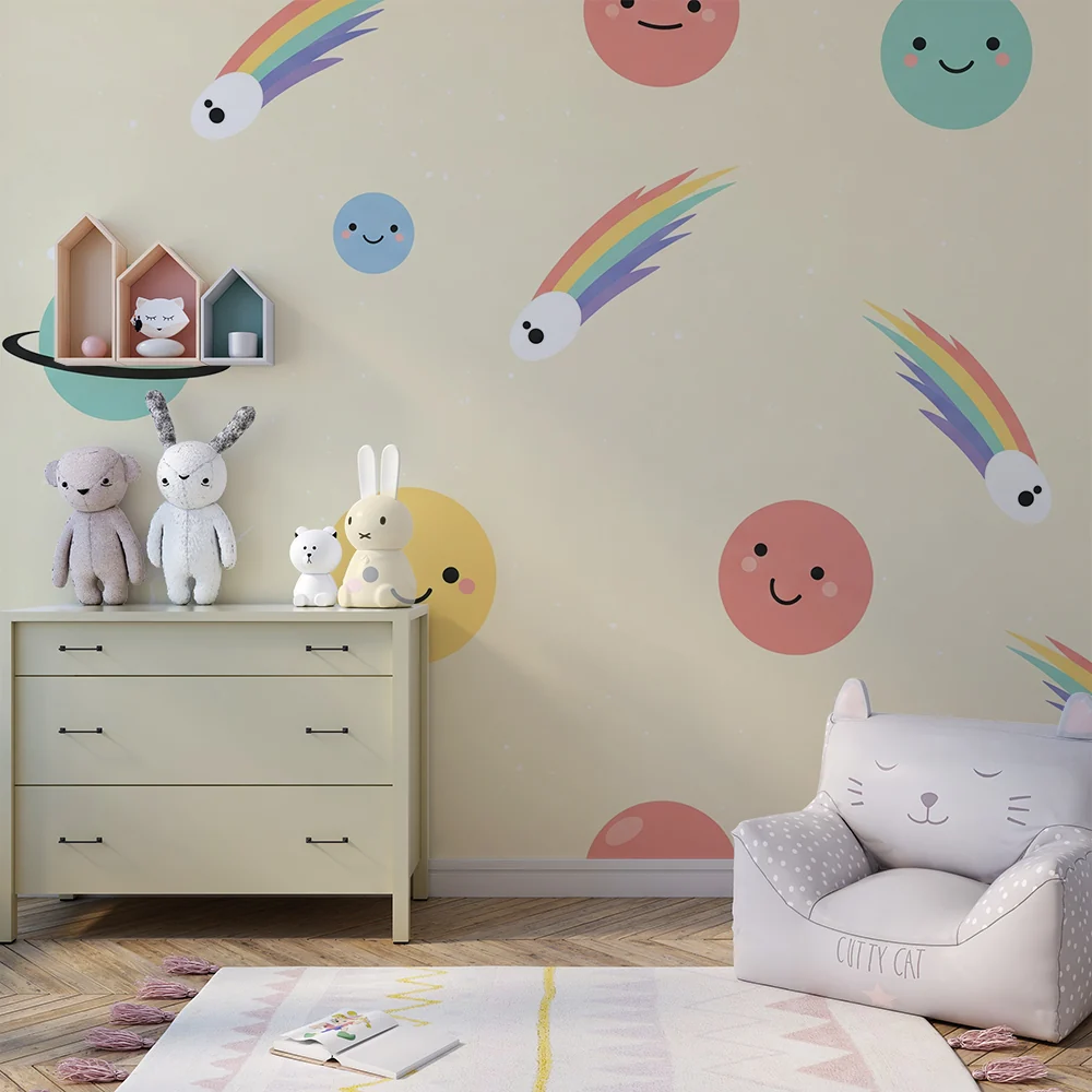 Papel de parede quarto bebê | Sretan svemir s planetima i šarenim jednorozima