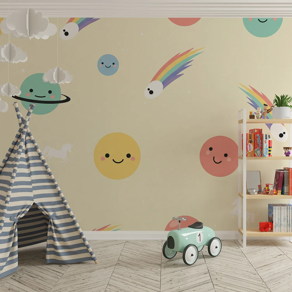 Papel de parede quarto bebê | Sretan svemir s planetima i šarenim jednorozima