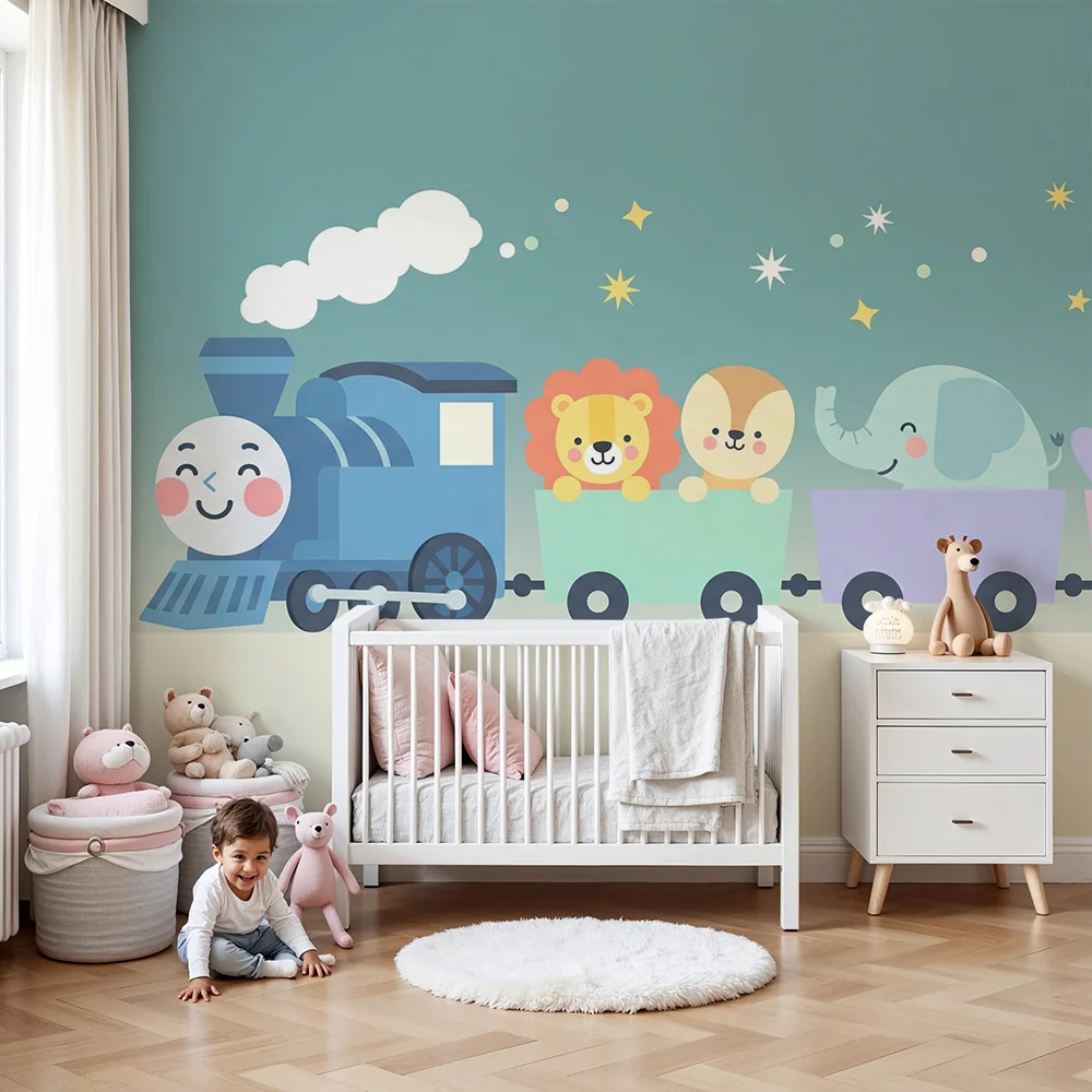 Papel de parede quarto bebê | Sretan vlak s simpatičnim životinjama