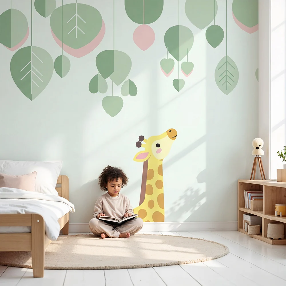 Papel de parede quarto bebê | Sretna žirafa ispod neba od pastelnih listova