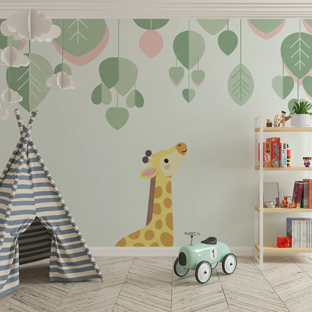 Papel de parede quarto bebê | Sretna žirafa ispod neba od pastelnih listova
