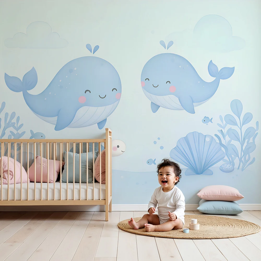 Papel de parede quarto bebê | Sretne kitove i plavi morski kornjač