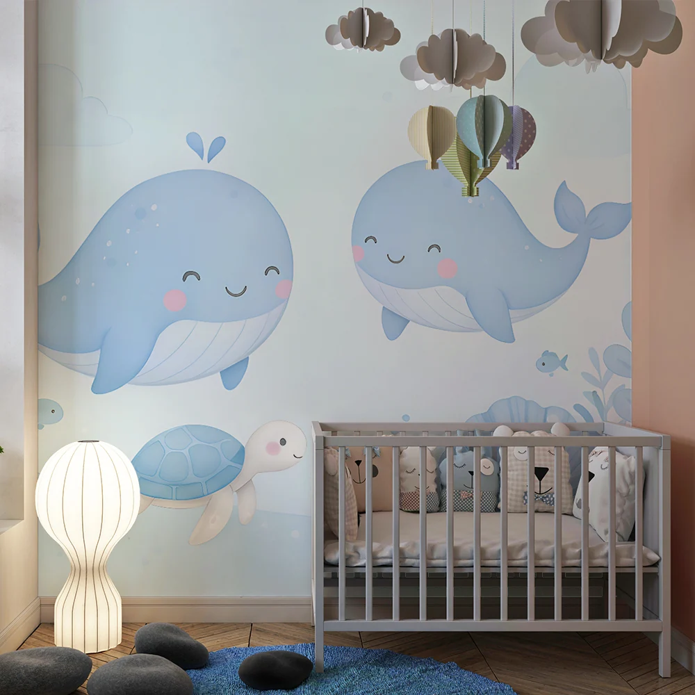 Papel de parede quarto bebê | Sretne kitove i plavi morski kornjač