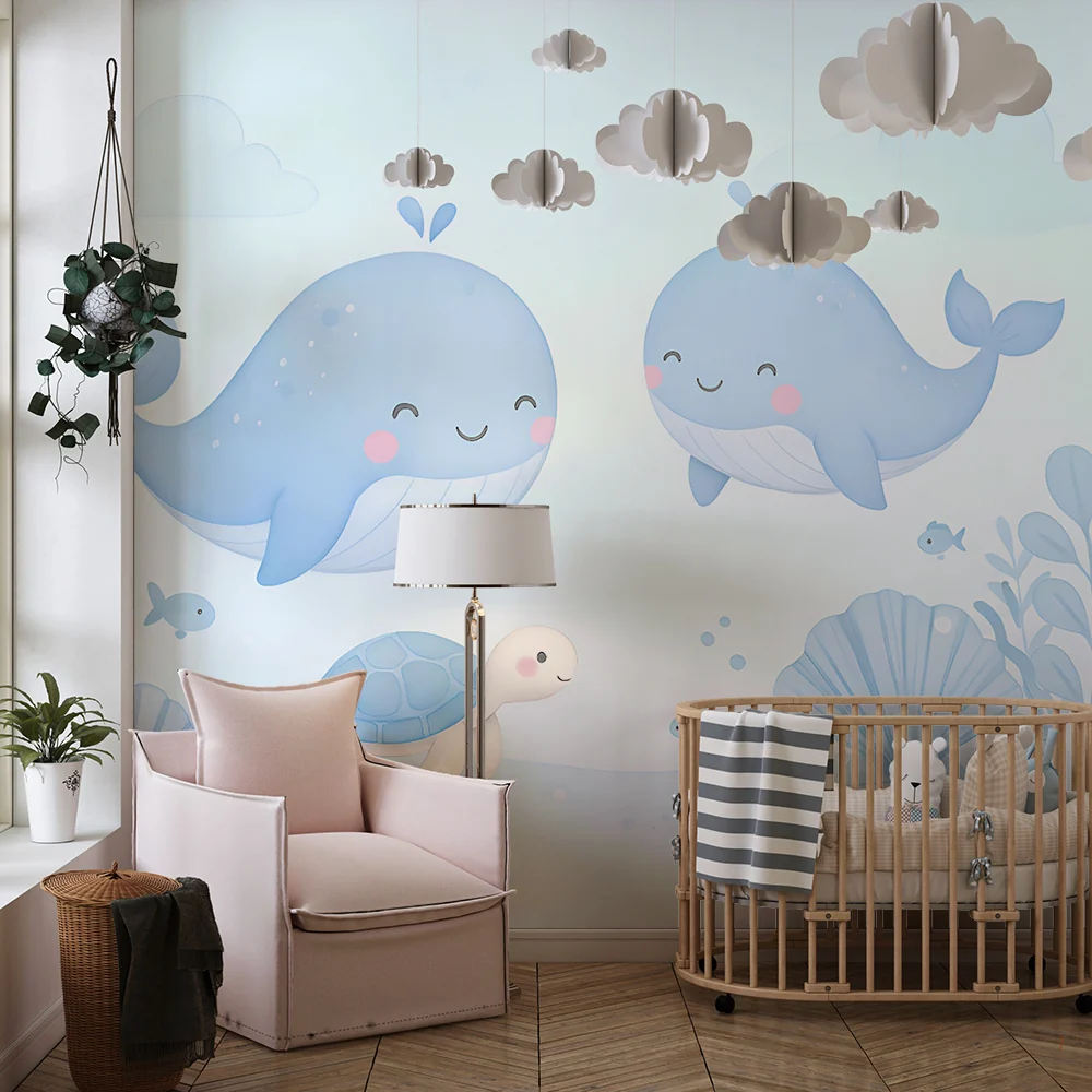 Papel de parede quarto bebê | Sretne kitove i plavi morski kornjač
