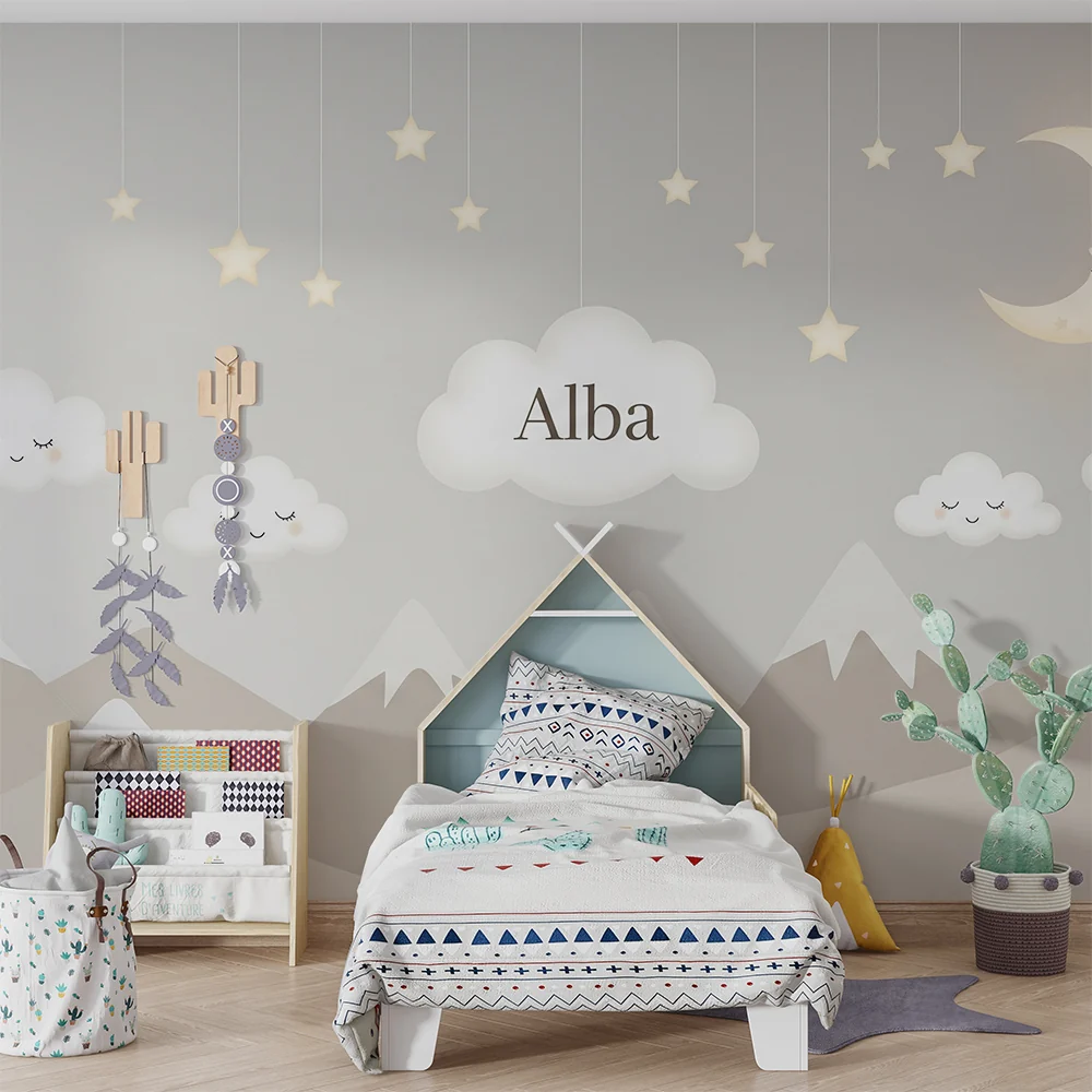 Papel de parede quarto bebê | Sretne oblačiće i nježne planine pod zvjezdanim nebom