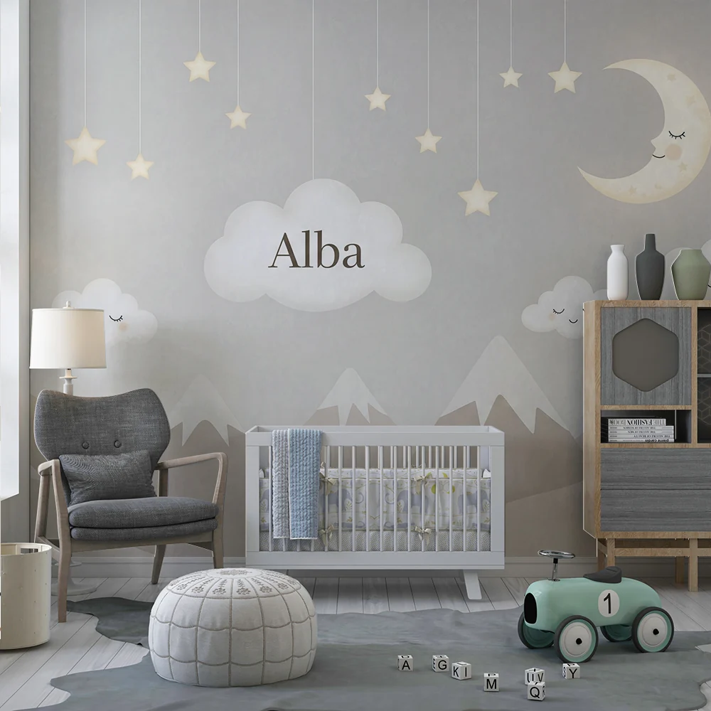 Papel de parede quarto bebê | Sretne oblačiće i nježne planine pod zvjezdanim nebom