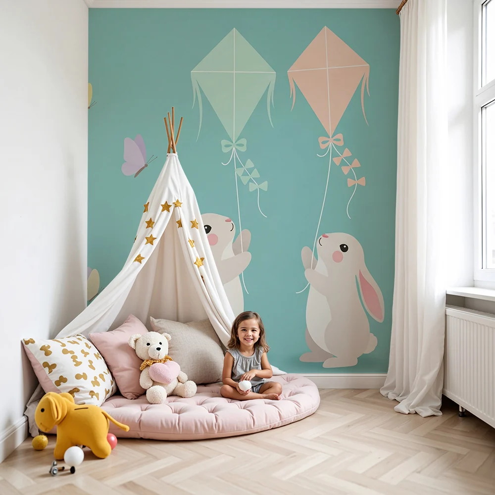 Papel de parede quarto bebê | Sretne zečeve i šarene zmajeve