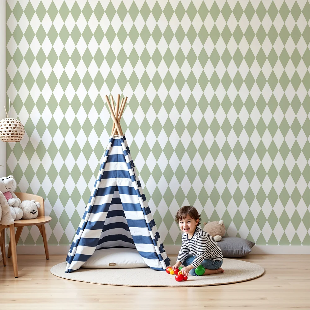 Papel de parede quarto bebê | Suave padrão de losangos em verde claro