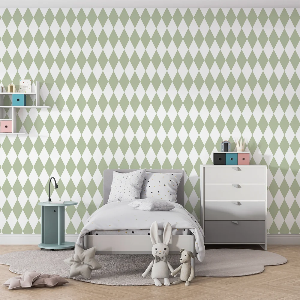 Papel de parede quarto bebê | Suave padrão de losangos em verde claro