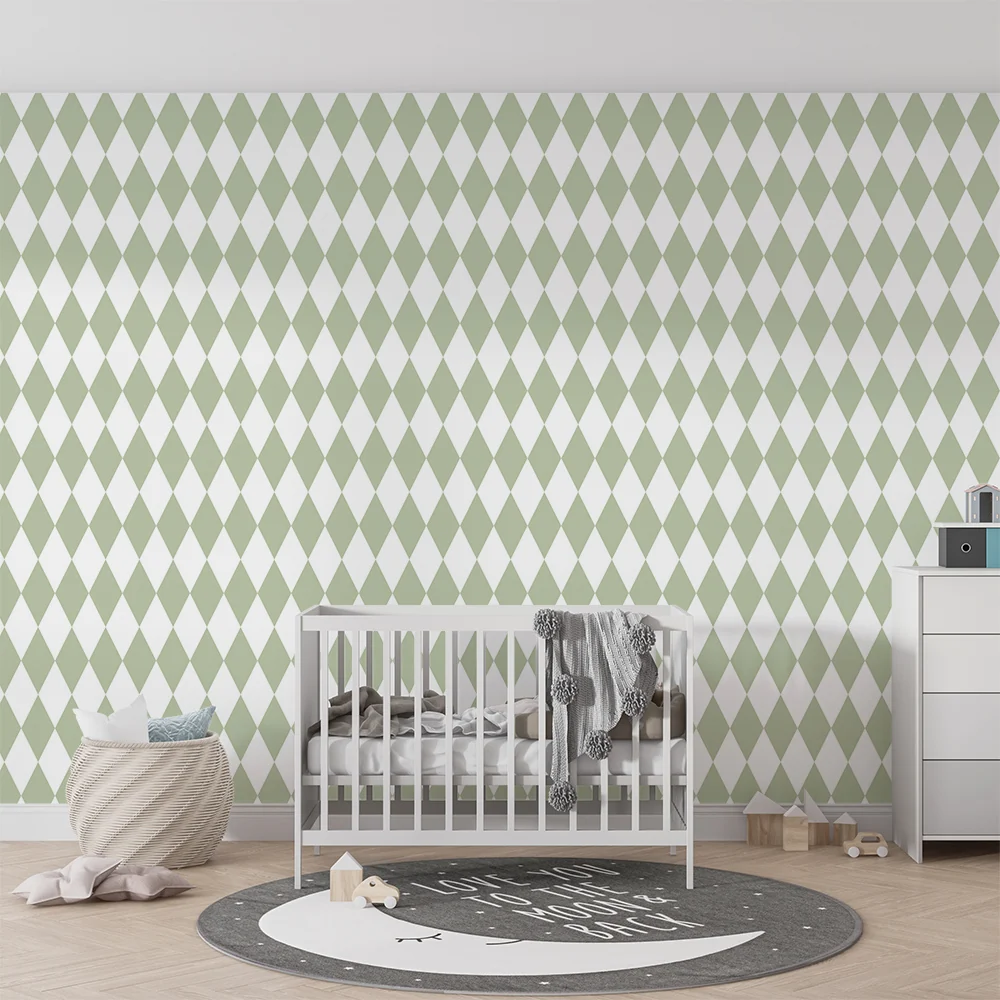 Papel de parede quarto bebê | Suave padrão de losangos em verde claro