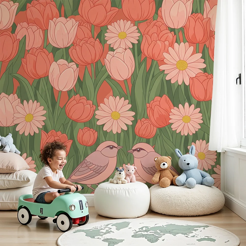 Papel de parede quarto bebê | Suaves flores e pássaros em um jardim colorido