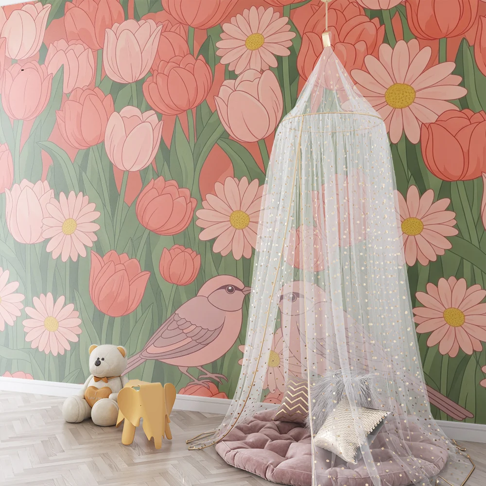 Papel de parede quarto bebê | Suaves flores e pássaros em um jardim colorido