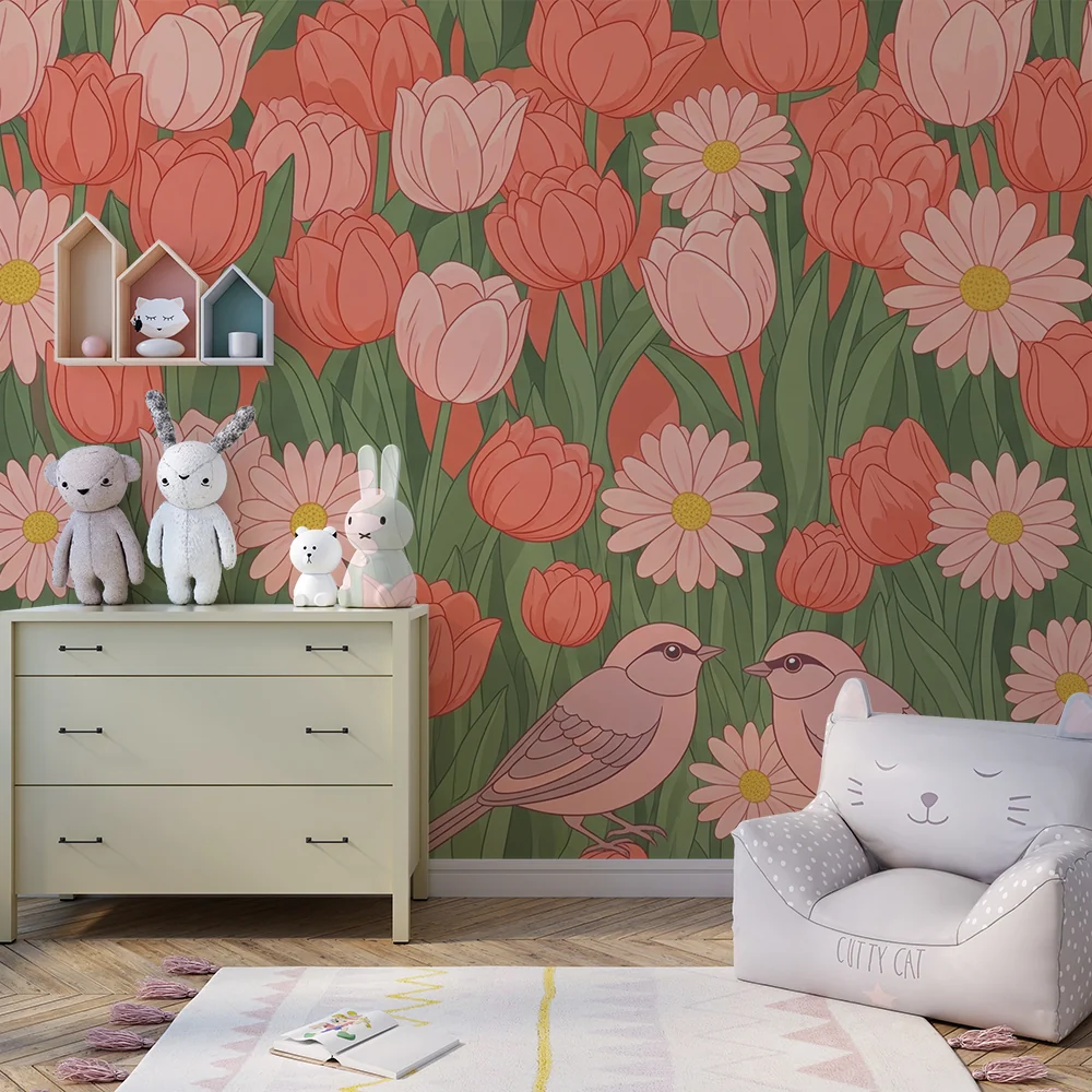 Papel de parede quarto bebê | Suaves flores e pássaros em um jardim colorido