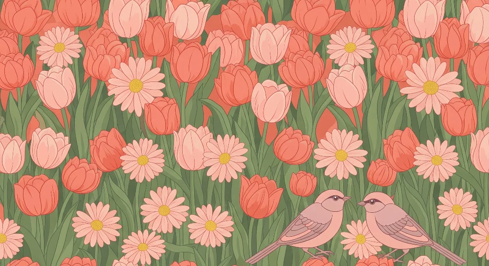 Papel de parede quarto bebê | Suaves flores e pássaros em um jardim colorido