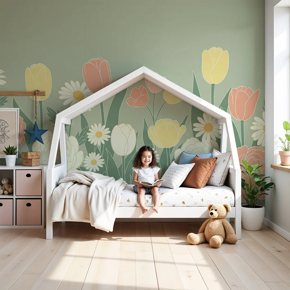 Papel de parede quarto bebê | Suaves flores e coelhos travessos