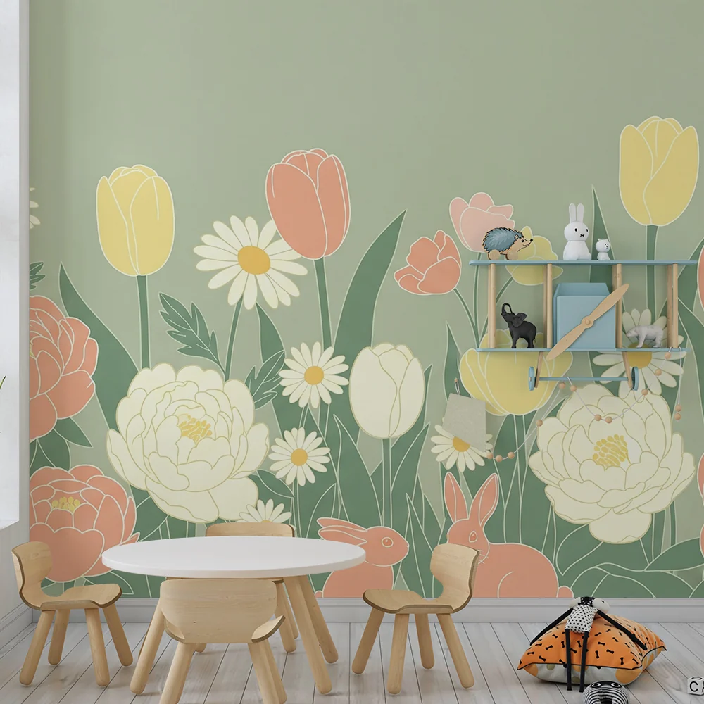 Papel de parede quarto bebê | Suaves flores e coelhos travessos