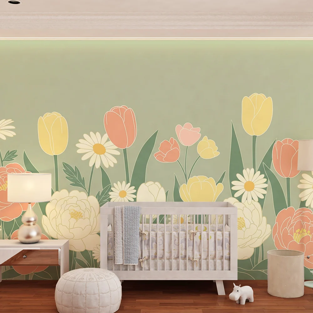 Papel de parede quarto bebê | Suaves flores e coelhos travessos