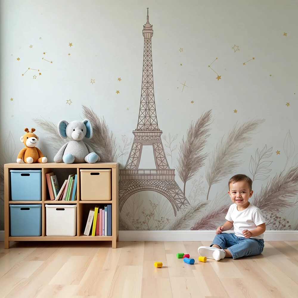 Papel de parede quarto bebê | Toranj Eiffel okružen nježnim lišćem i zlatnim zvijezdama