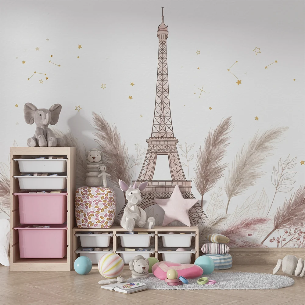 Papel de parede quarto bebê | Toranj Eiffel okružen nježnim lišćem i zlatnim zvijezdama