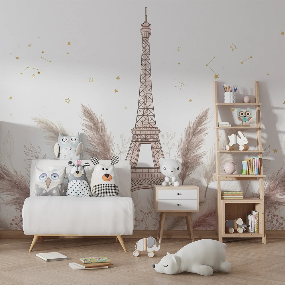 Papel de parede quarto bebê | Toranj Eiffel okružen nježnim lišćem i zlatnim zvijezdama