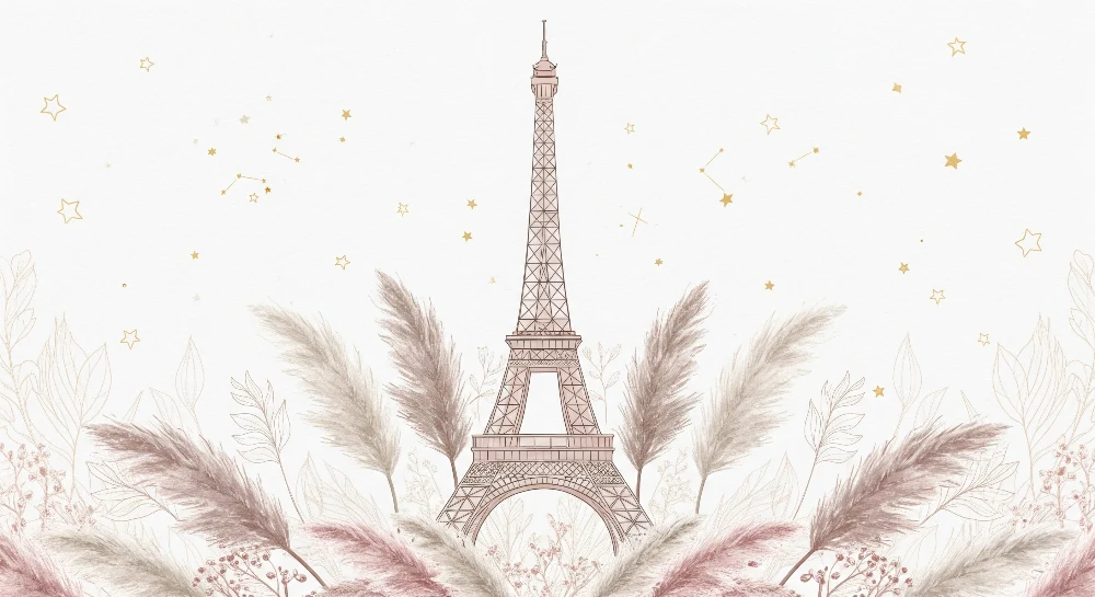 Papel de parede quarto bebê | Toranj Eiffel okružen nježnim lišćem i zlatnim zvijezdama
