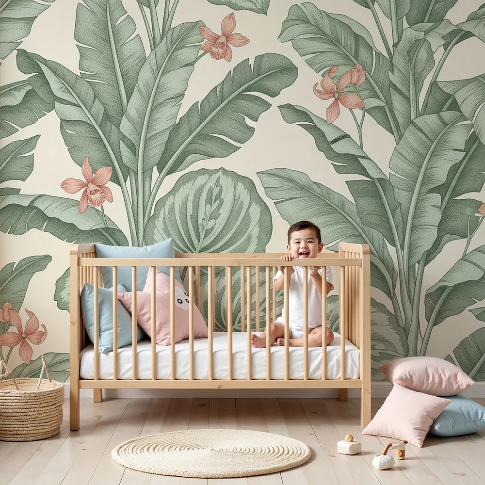 Papel de parede quarto bebê | Tropsko lišće i nježni cvjetovi na svijetloj pozadini