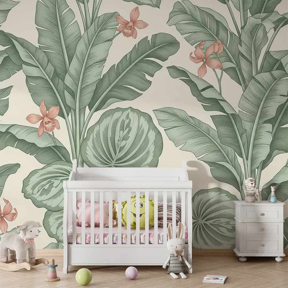 Papel de parede quarto bebê | Tropsko lišće i nježni cvjetovi na svijetloj pozadini