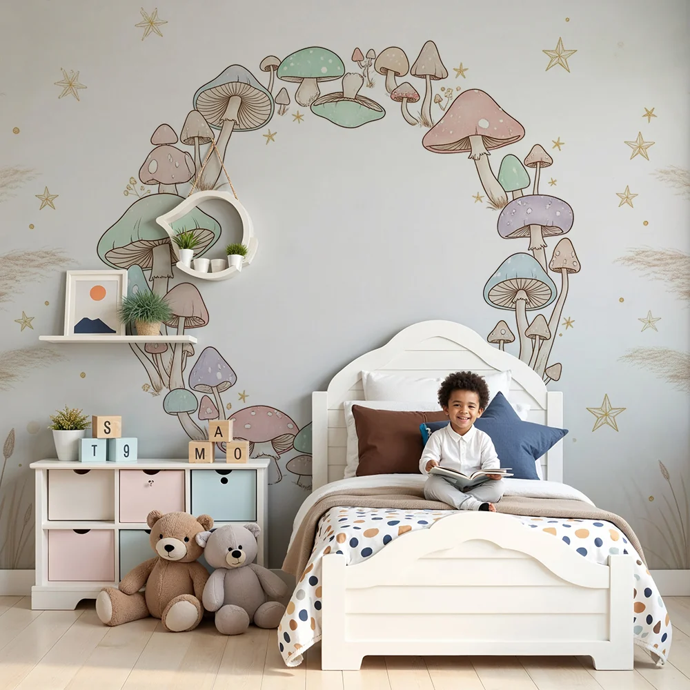 Papel de parede quarto bebê | Viseći krug šarenih gljiva ispod zvjezdane noći