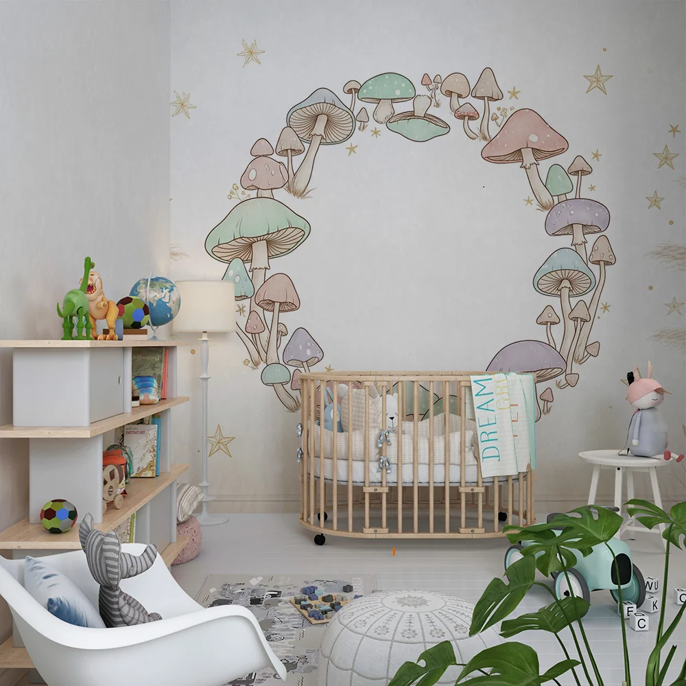 Papel de parede quarto bebê | Viseći krug šarenih gljiva ispod zvjezdane noći