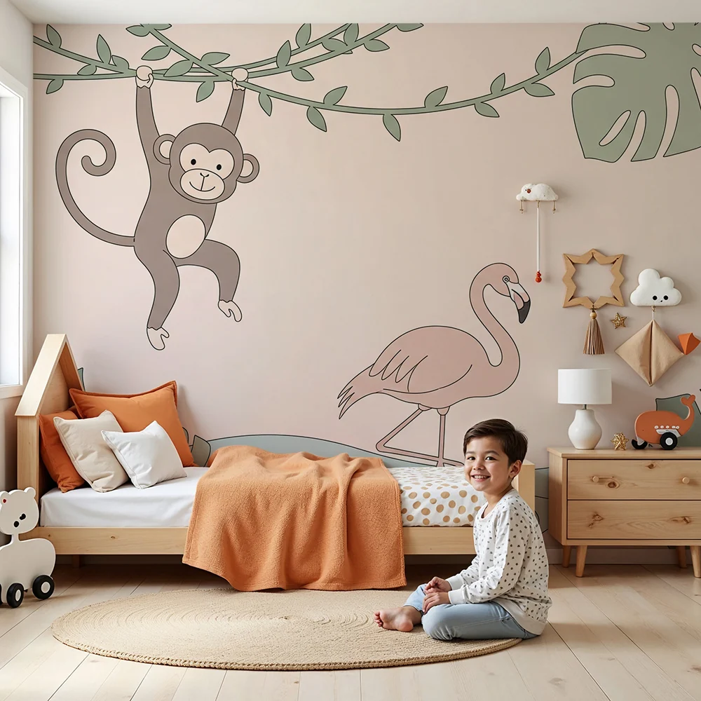 Papel de parede quarto bebê | Vragolasti majmun, ružičasti flamingo i žirafa u tropskom dekoru