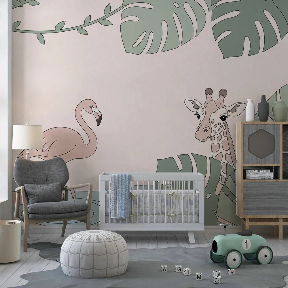 Papel de parede quarto bebê | Vragolasti majmun, ružičasti flamingo i žirafa u tropskom dekoru