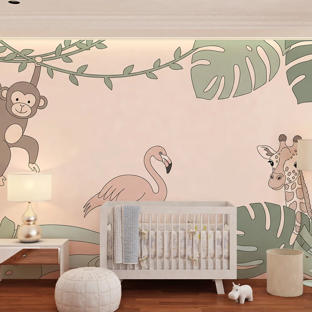 Papel de parede quarto bebê | Vragolasti majmun, ružičasti flamingo i žirafa u tropskom dekoru