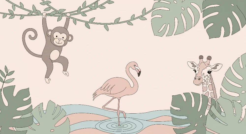 Papel de parede quarto bebê | Vragolasti majmun, ružičasti flamingo i žirafa u tropskom dekoru