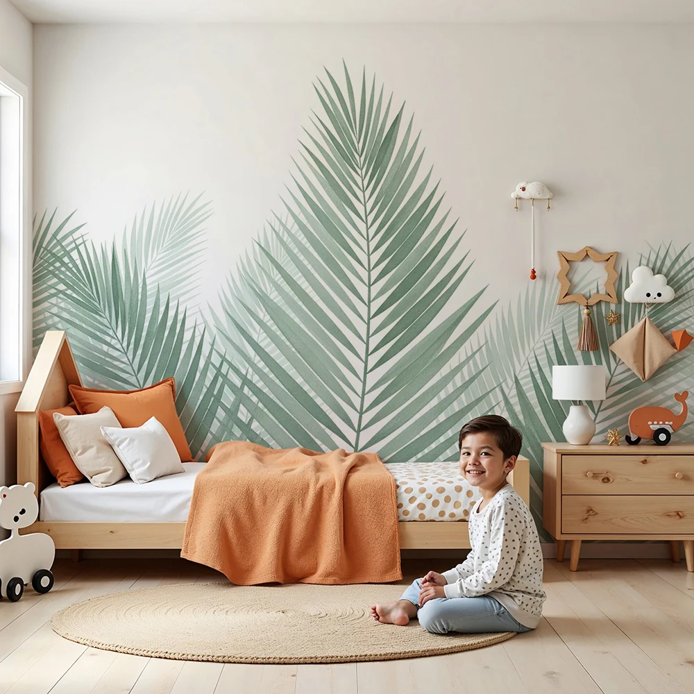 Papel de parede quarto bebê | Zelene palmino lišće na bijeloj pozadini
