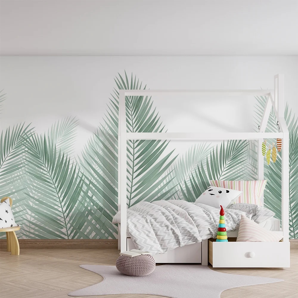 Papel de parede quarto bebê | Zelene palmino lišće na bijeloj pozadini