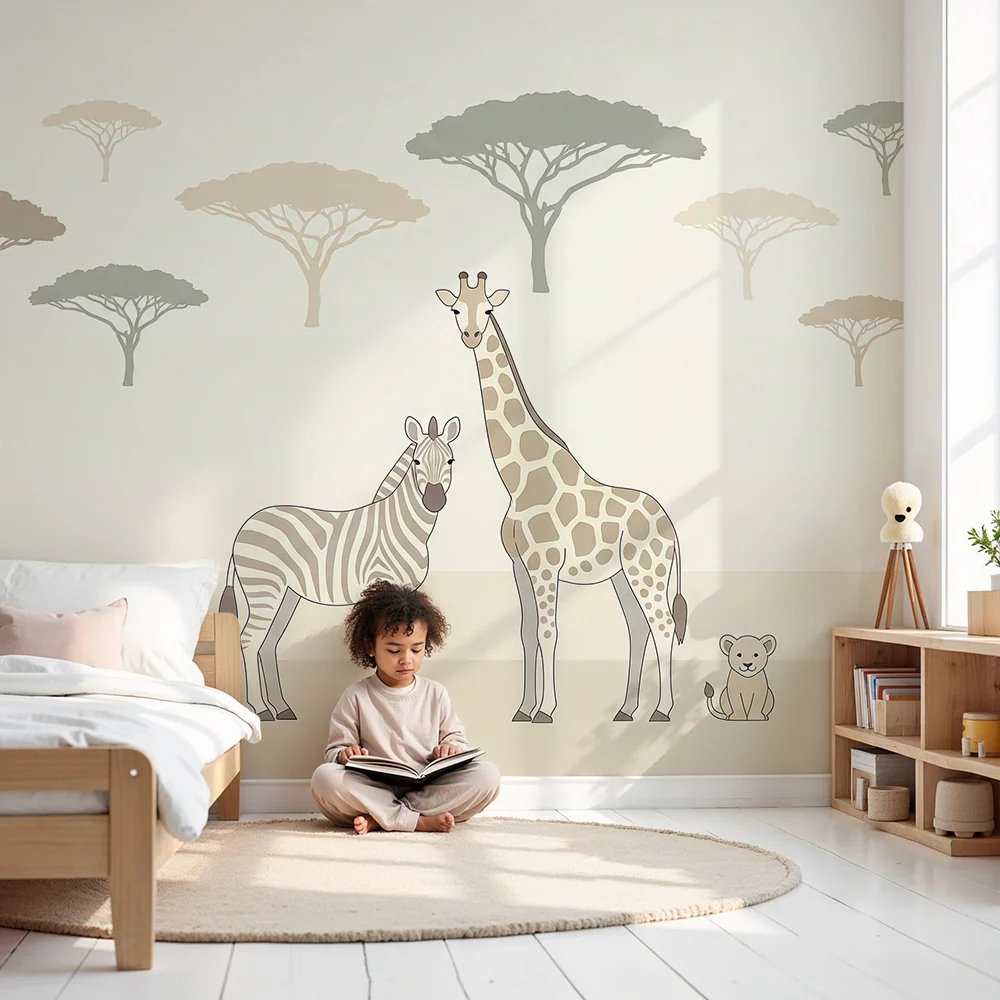 Papel de parede quarto bebê | Zirafa, zebra i lav u umirujućem krajoliku