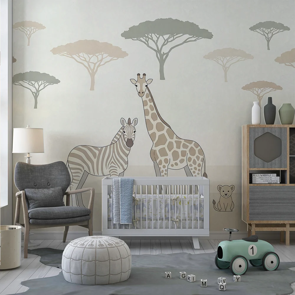 Papel de parede quarto bebê | Zirafa, zebra i lav u umirujućem krajoliku