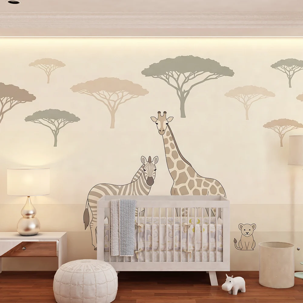 Papel de parede quarto bebê | Zirafa, zebra i lav u umirujućem krajoliku