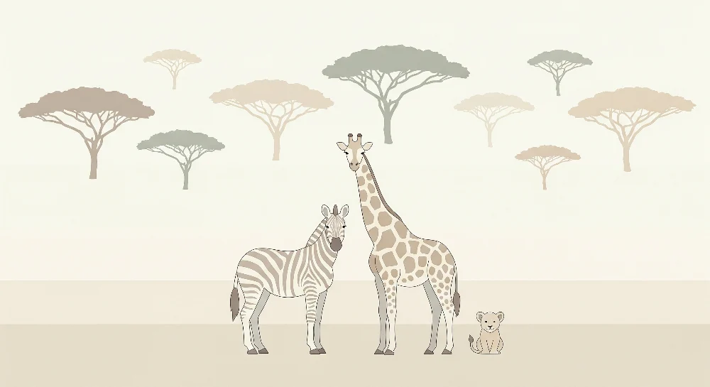 Papel de parede quarto bebê | Zirafa, zebra i lav u umirujućem krajoliku