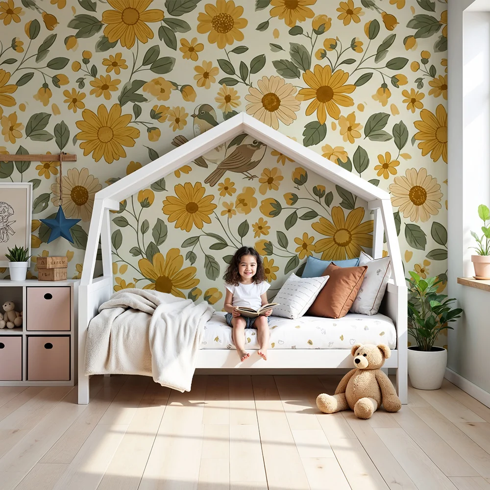 Papel de parede quarto bebê | Zlatni cvjetovi i ptice u sunčanom vrtu
