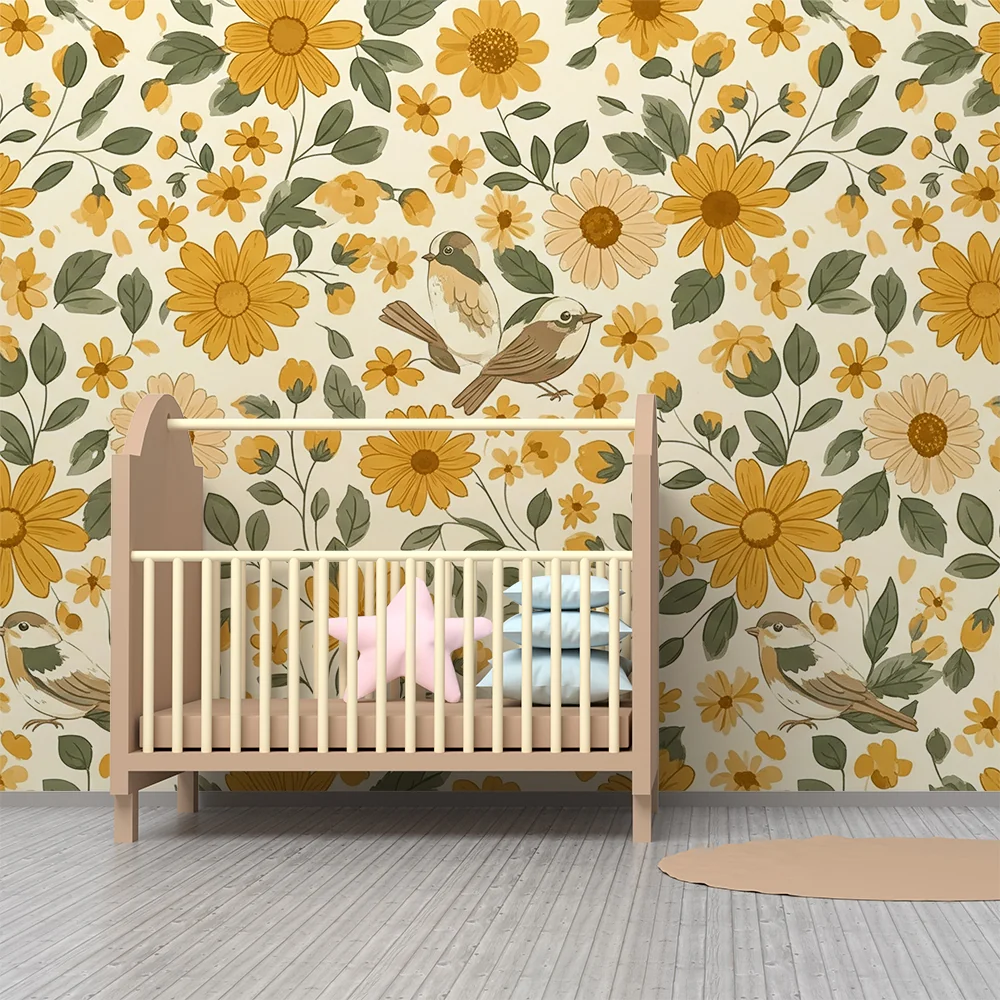 Papel de parede quarto bebê | Zlatni cvjetovi i ptice u sunčanom vrtu