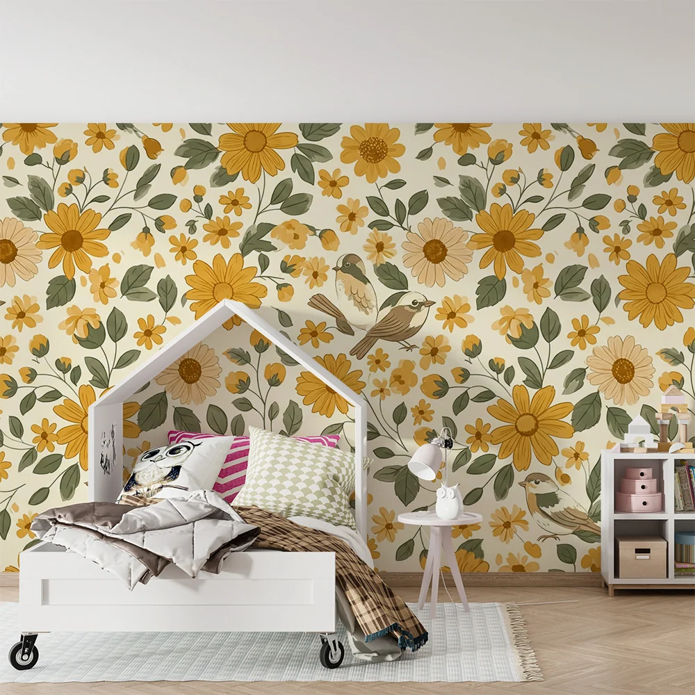 Papel de parede quarto bebê | Zlatni cvjetovi i ptice u sunčanom vrtu