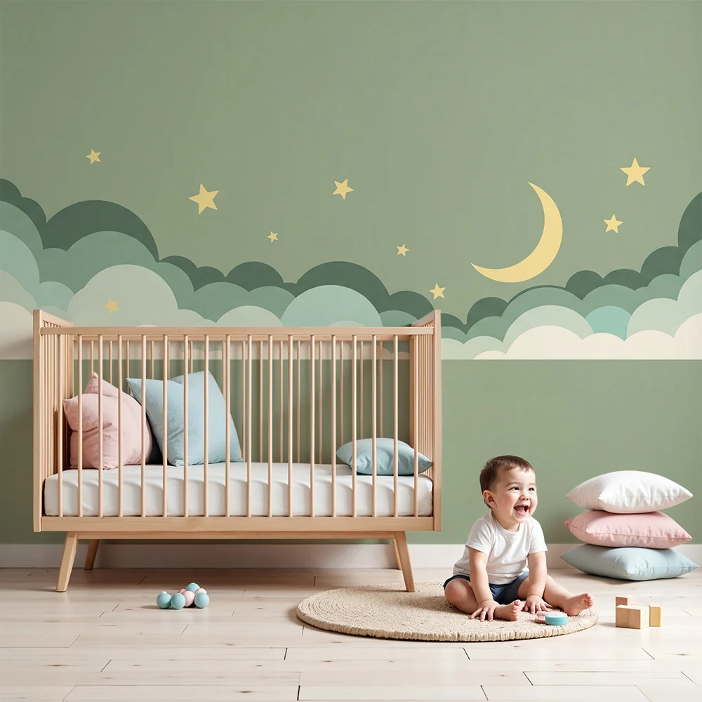 Papel de parede quarto bebê | Zvjezdano nebo s oblacima i nježnim mjesecom