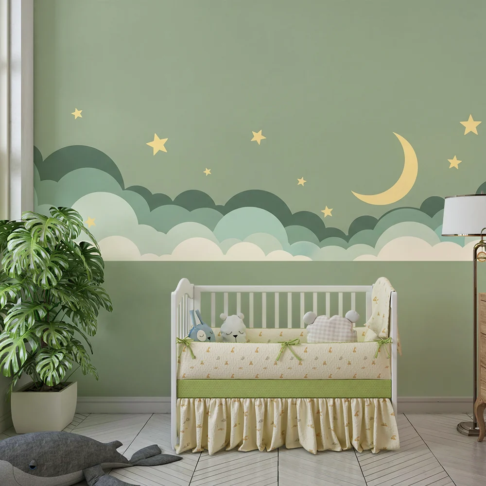 Papel de parede quarto bebê | Zvjezdano nebo s oblacima i nježnim mjesecom