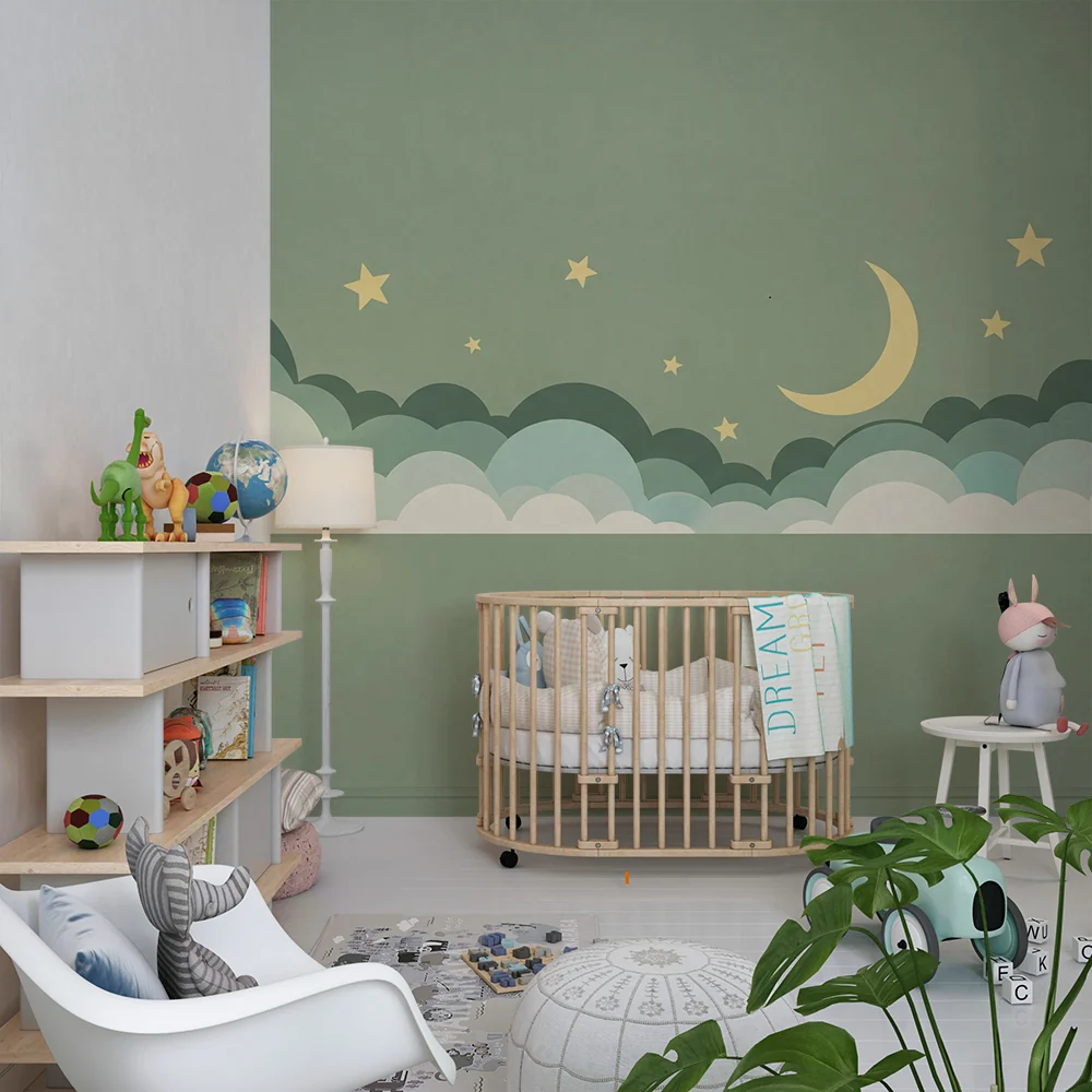 Papel de parede quarto bebê | Zvjezdano nebo s oblacima i nježnim mjesecom