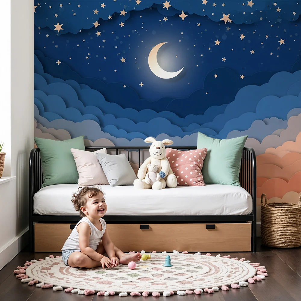 Papel de parede quarto bebê | Zvjezdano nebo s šarenim oblacima i mjesecom