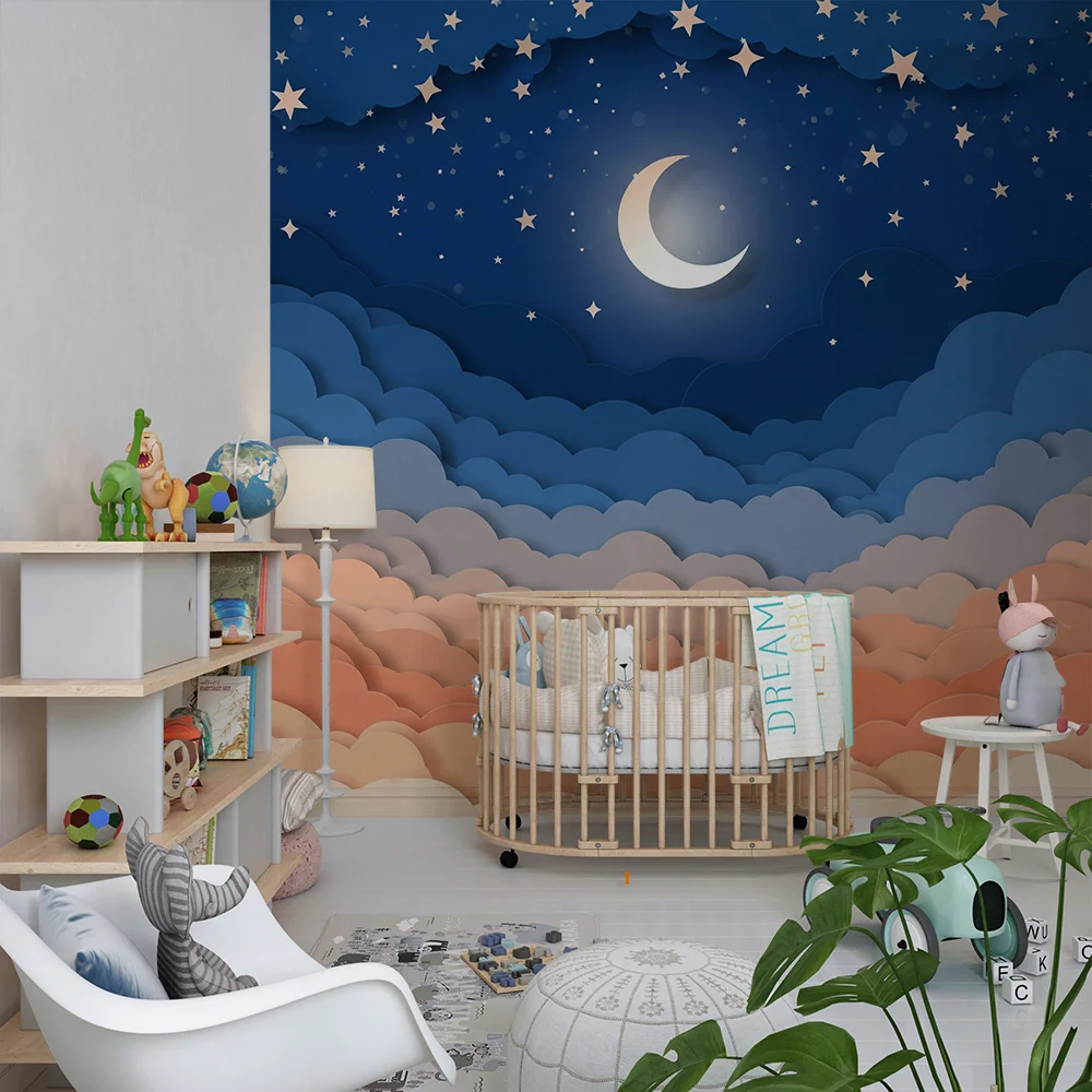 Papel de parede quarto bebê | Zvjezdano nebo s šarenim oblacima i mjesecom