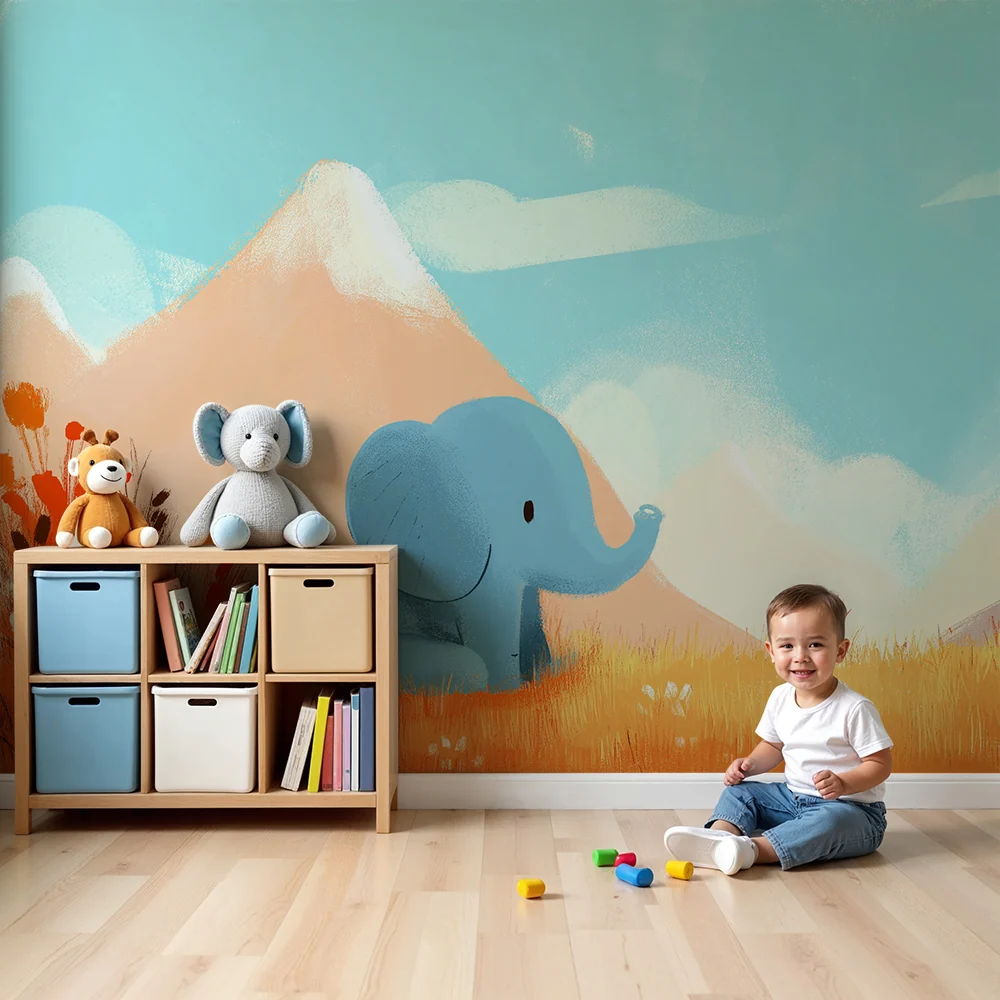 Papier de parede za bebe | Simpatični slon u šarenom krajoliku