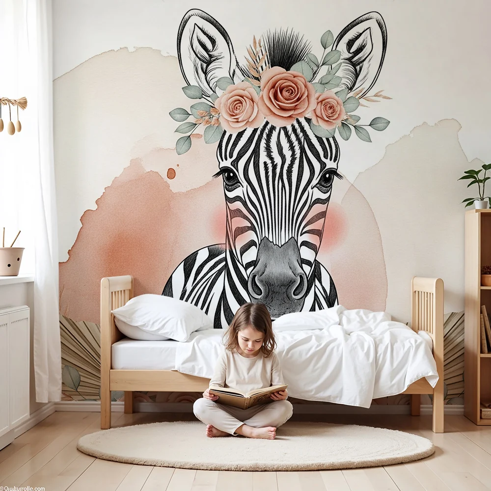 Papier de parede za bebe | Simpatični zebra s cvjetnom krunom