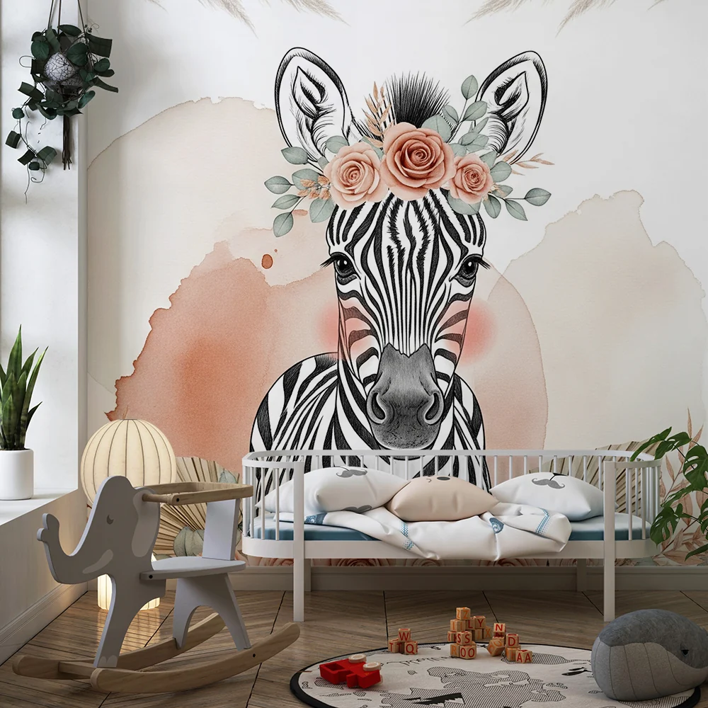Papier de parede za bebe | Simpatični zebra s cvjetnom krunom